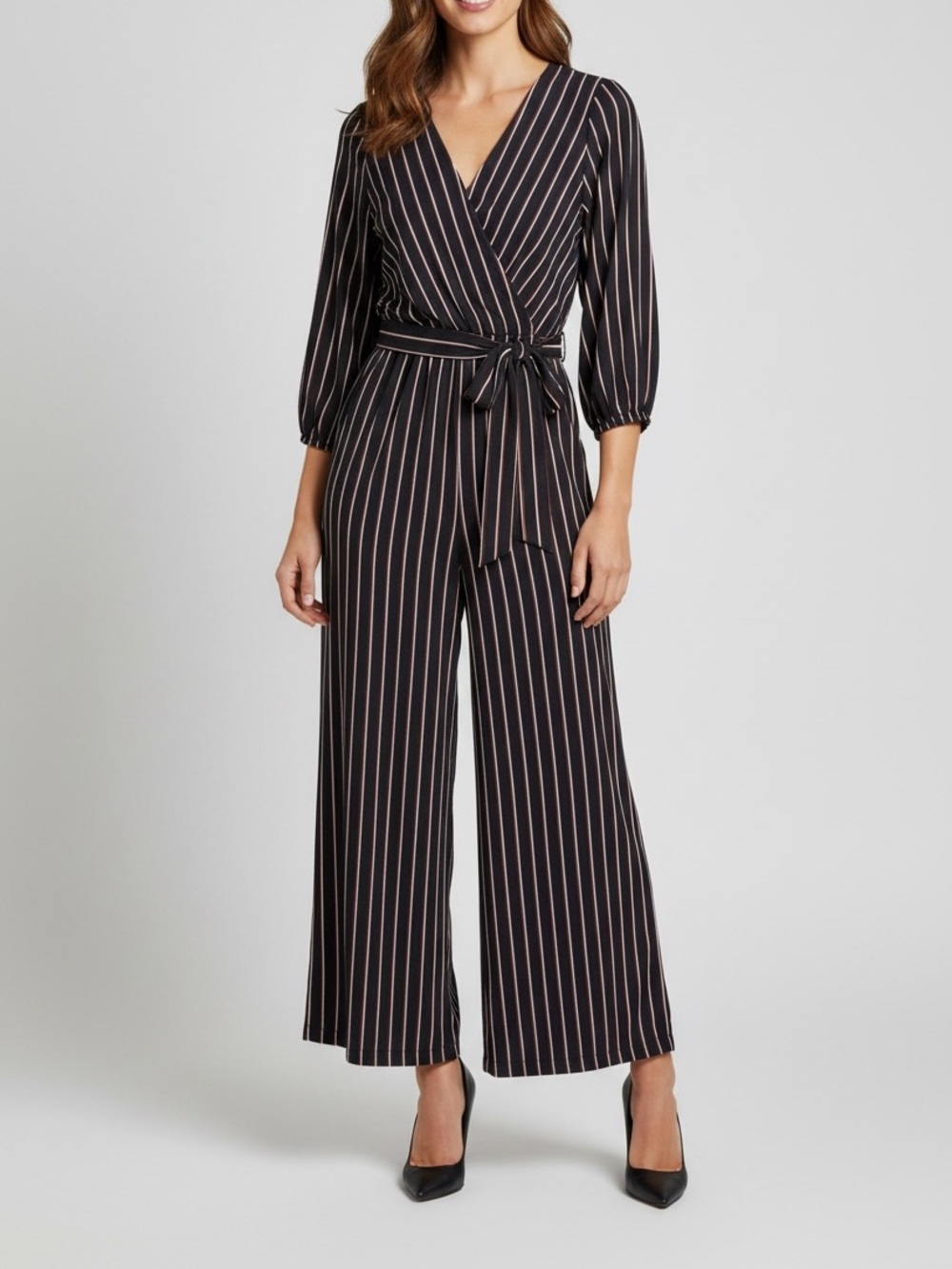 Papaya Striped Wrap Jumpsuit Navy‎ Red White Wide Leg Long Sleeve Size S
